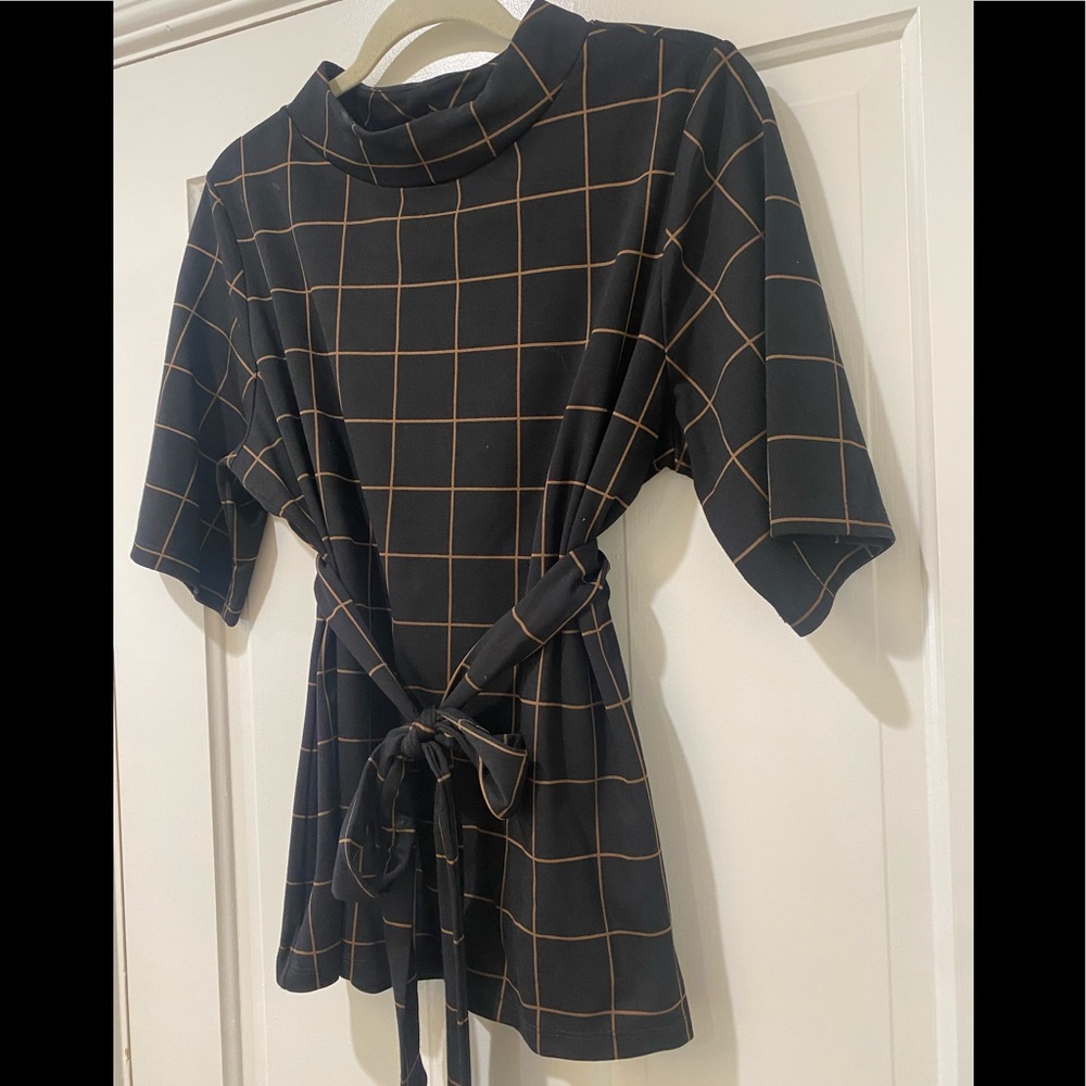 Halogen short sleeve striped bow tie blouse top shirt L belted